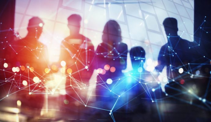 Business people collaborate together in office. Double exposure effects